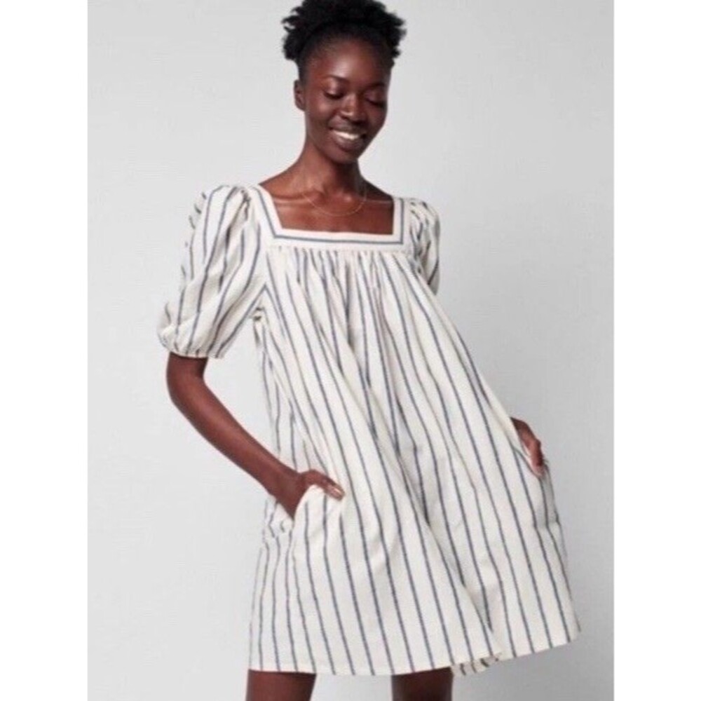 Faherty White Dress with Navy Stripes - Midi Puff Sleeve